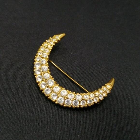 Crescent Moon Swarovski Signed Swan Logo Crystal Rhinestone Brooch, 1 3/4 Inches - Picture 8 of 9